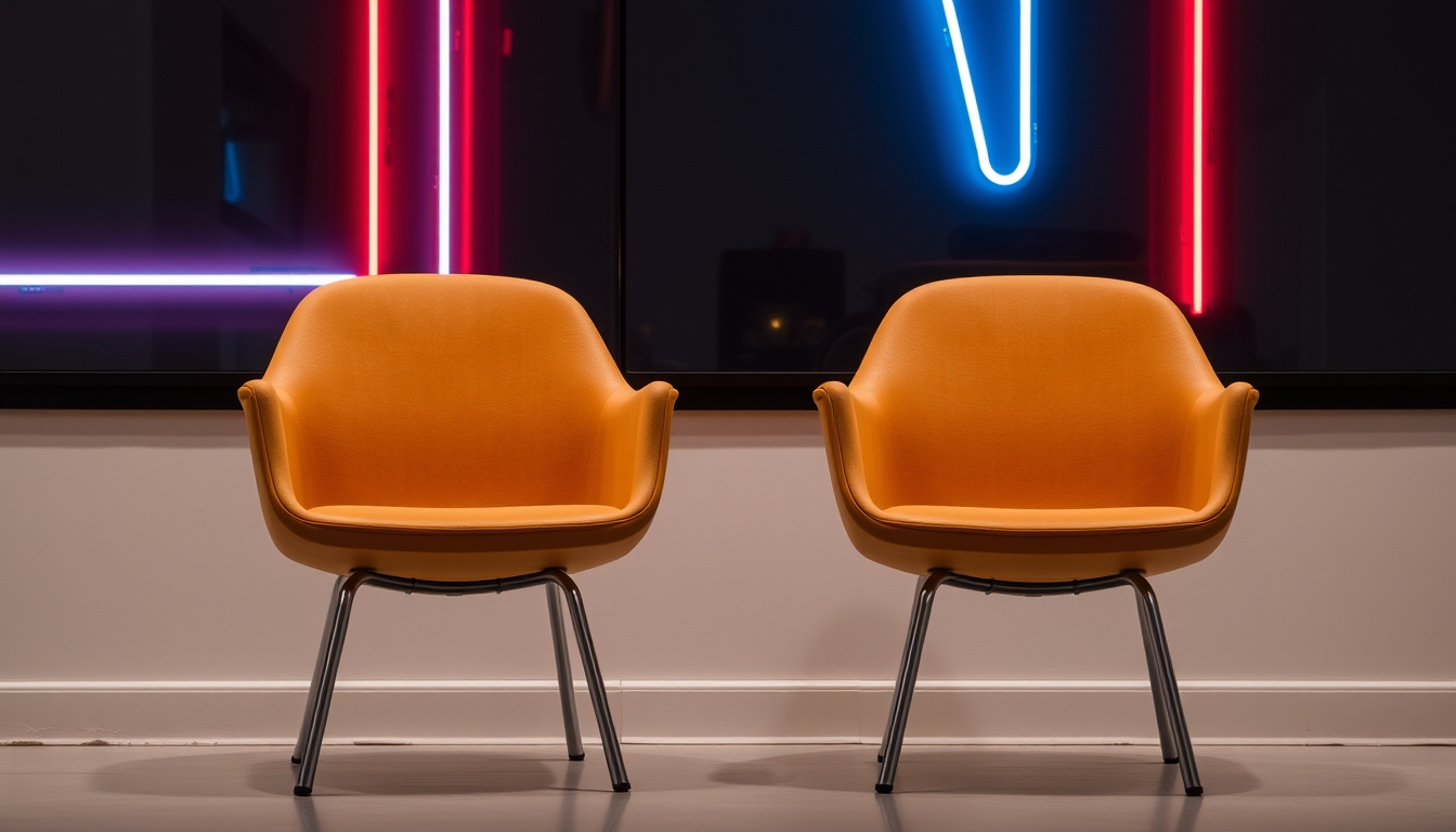 Two chairs are sitting in front of a wall with neon lights.