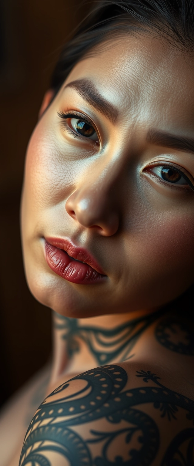 Close-up tilt-up shot of a fair-skinned, beautiful Indian Korean woman with striking facial features, realistic skin, and a perfect body, entirely covered in heavy tattoos. - Image