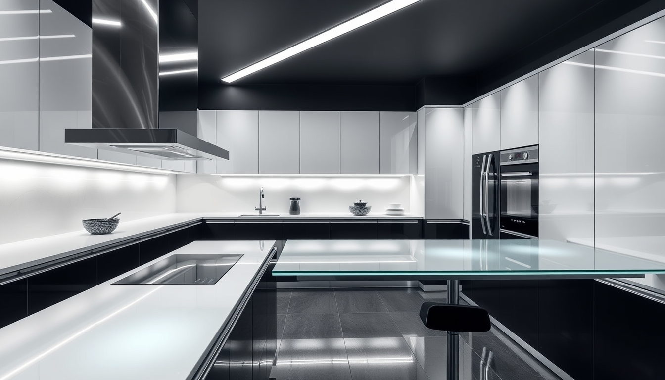 A sleek, modern kitchen with glass countertops and futuristic appliances. - Image