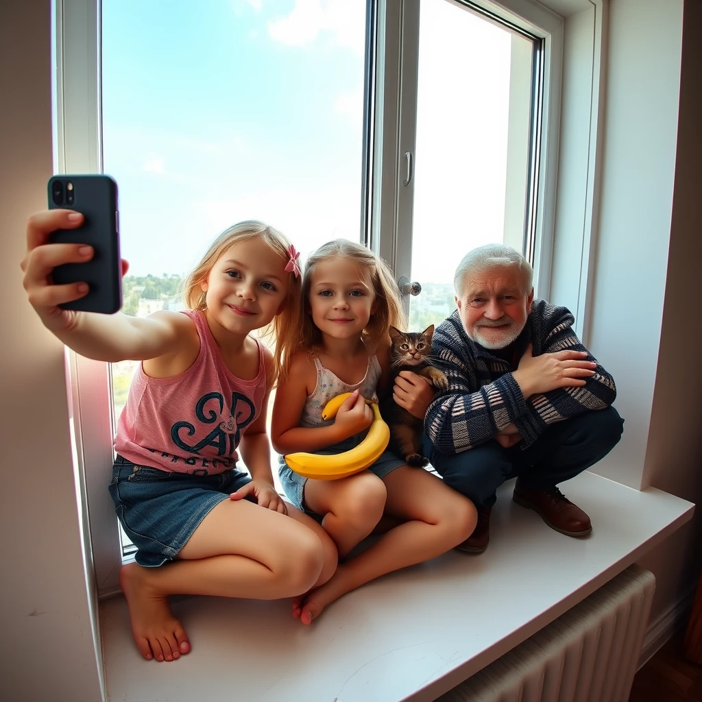 Three girls about six years old in shorts are taking a selfie on a windowsill with a cat and a banana. They are squatting in Russia and hugging their grandfather.