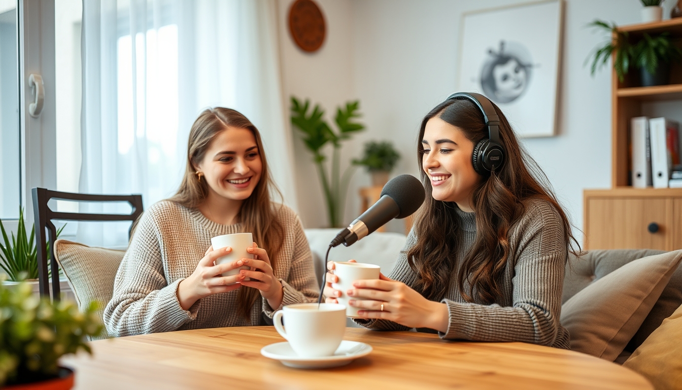 Young women with coffee cups recording podcast at home.