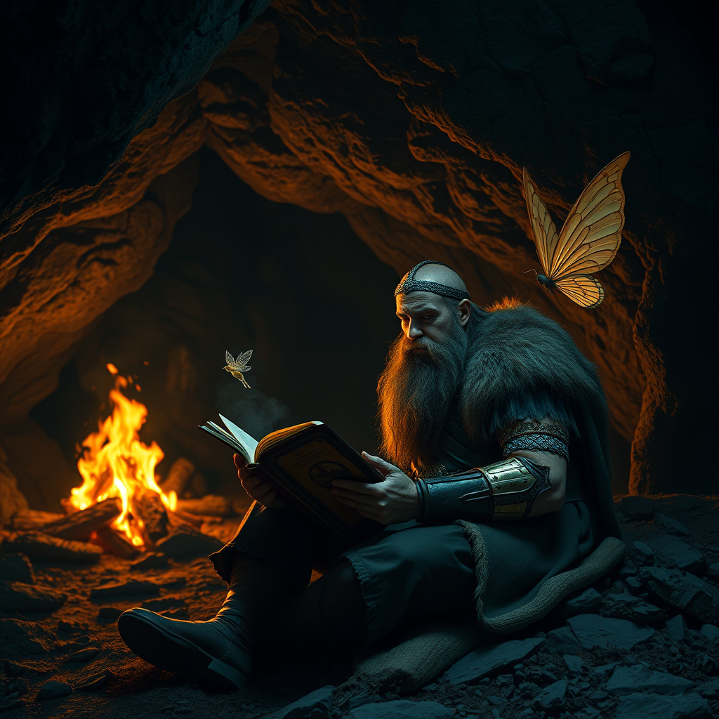 Real-life photography: At night, in the cave, there is a barbarian reading a book. The cave is very large, and there is a bonfire. A little fairy is flying beside him.