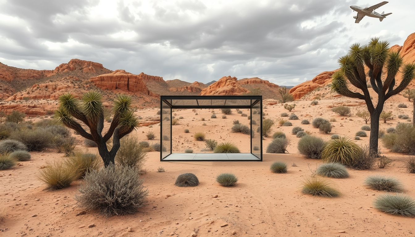 A dramatic desert landscape with a glass pavilion offering shade and shelter.