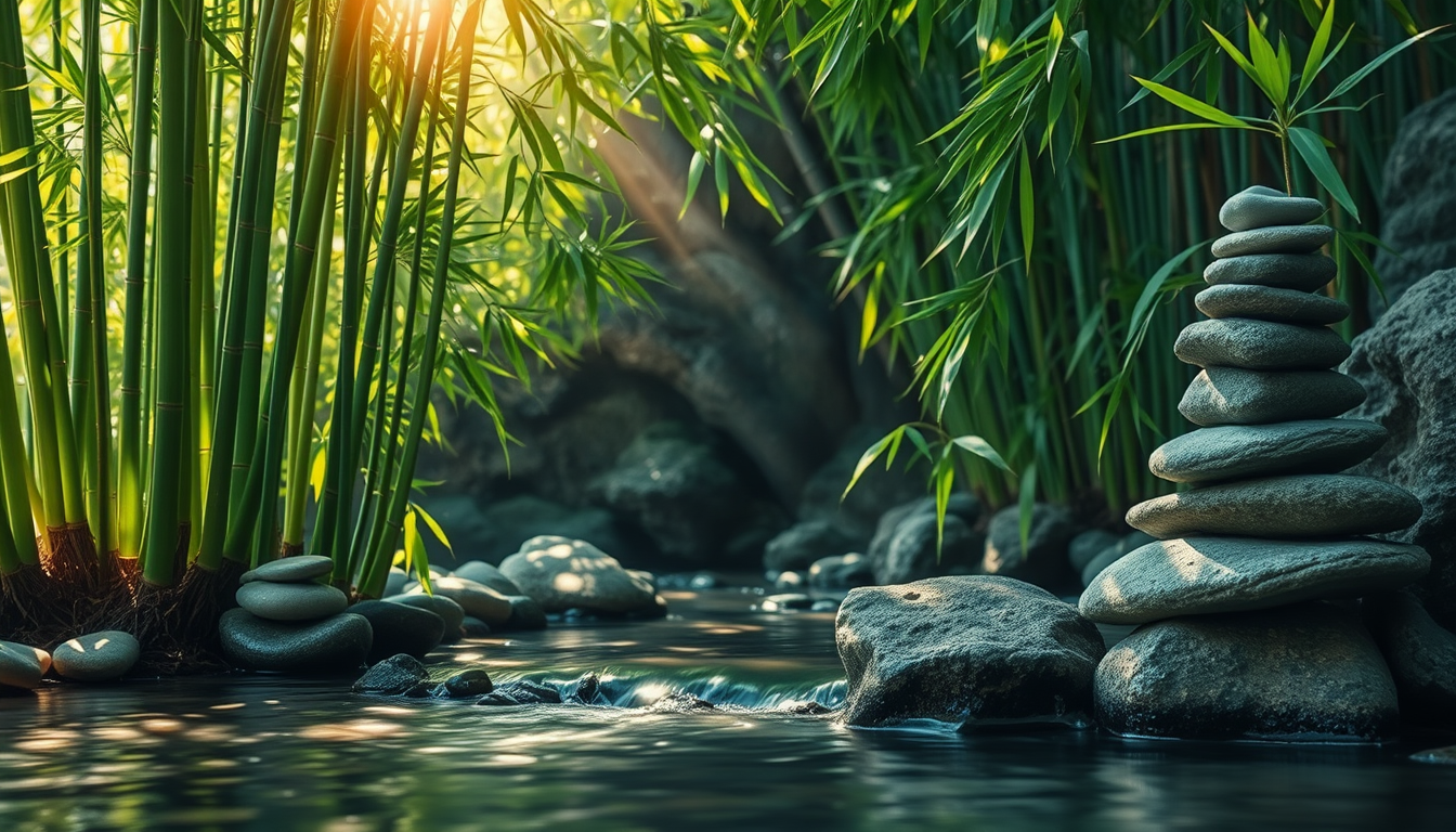 This image depicts a peaceful natural scene with lush green bamboo, stacked pebbles, and a gently flowing stream. Sunlight filters through the foliage, creating a relaxing and tranquil atmosphere, similar to a meditative painting. - Image