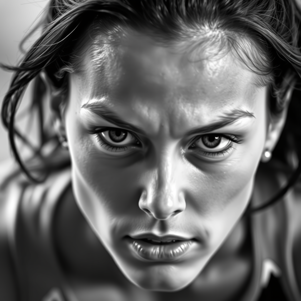 A black and white super close-up photo of a focused female athlete before she sprints, especially the eyes. - Image