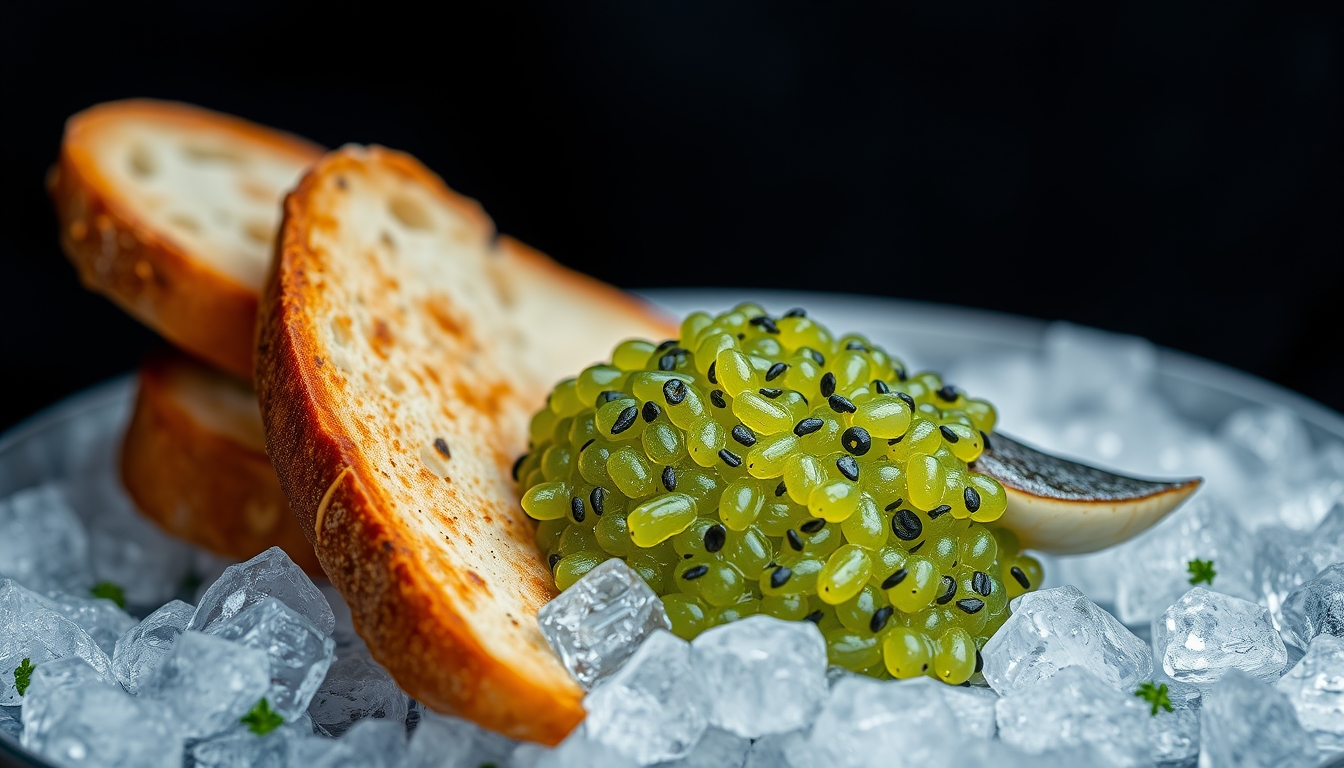 Pike caviar on ice with toast on a plate against a dark background - Image