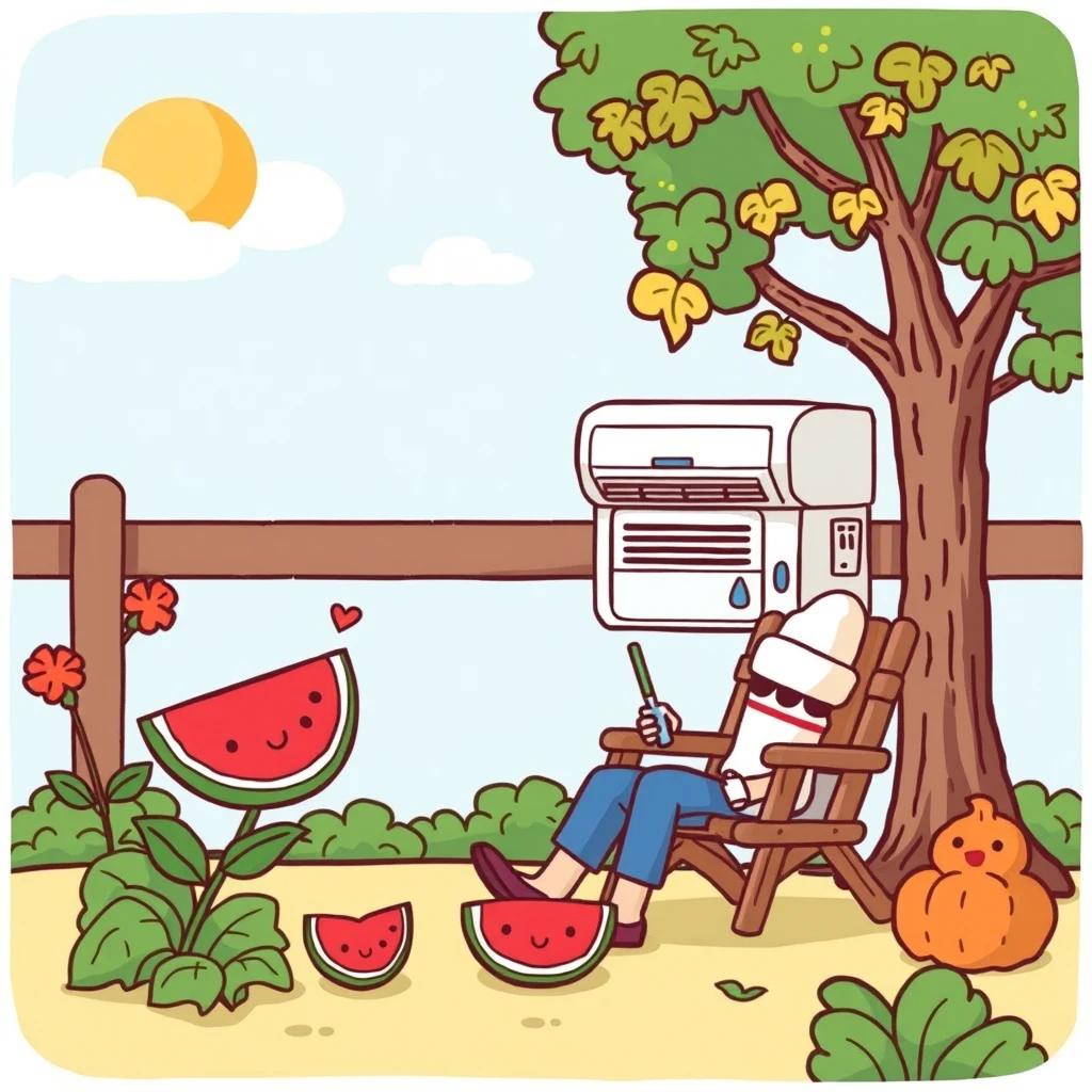 "Today marks the beginning of autumn, but the weather is too hot. I hope for watermelon, ice cream, air conditioning, and other things to cool off, in a cartoon style."