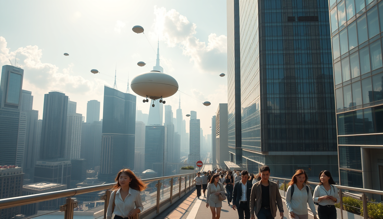 Create a stunning high-resolution image of the city of the future. The skyline should be filled with towering skyscrapers. Include a light-colored oval balloon-type robot flying rapidly through the air with tiny black balancers on either side of the balloon. There are some people walking on the street, Asian faces, wearing fashionable and avant-garde clothes, creating a laid-back and pleasant atmosphere. The visual focus of the image highlights small balloon-type robots patrolling the air for safety, very beautiful clouds, and sunlight reflecting off the glass surfaces of buildings, creating an atmosphere of excitement and innovation. Very sharp and realistic details, 32K, overlooking the city.