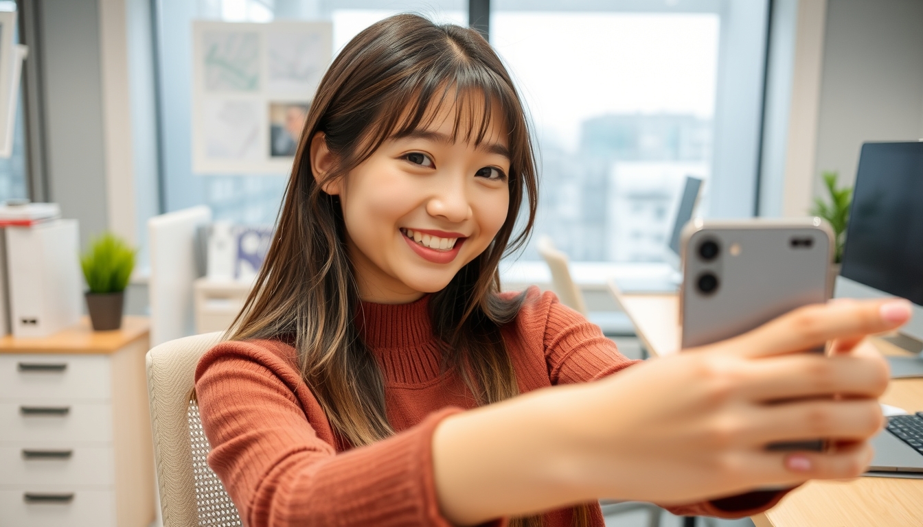 An Asian girl sitting in her office taking a selfie. - Image