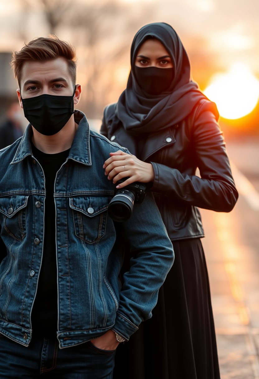 Jamie Dornan's head and body shot, handsome, black face mask, denim jacket, jeans, dating, love couple, with a very tall Muslim girl in a grey hijab, black face mask, beautiful eyes, black leather jacket, very long skirt, holding a Canon DSLR camera, sunset, hyper-realistic, street photography.