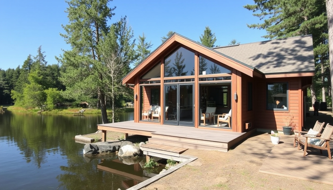 A serene lakeside cabin with a glass front, offering an unobstructed view of the water. - Image