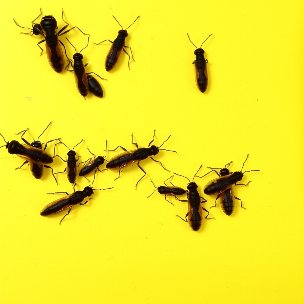 Some insects in a small queue, yellow background, realistic photograph.