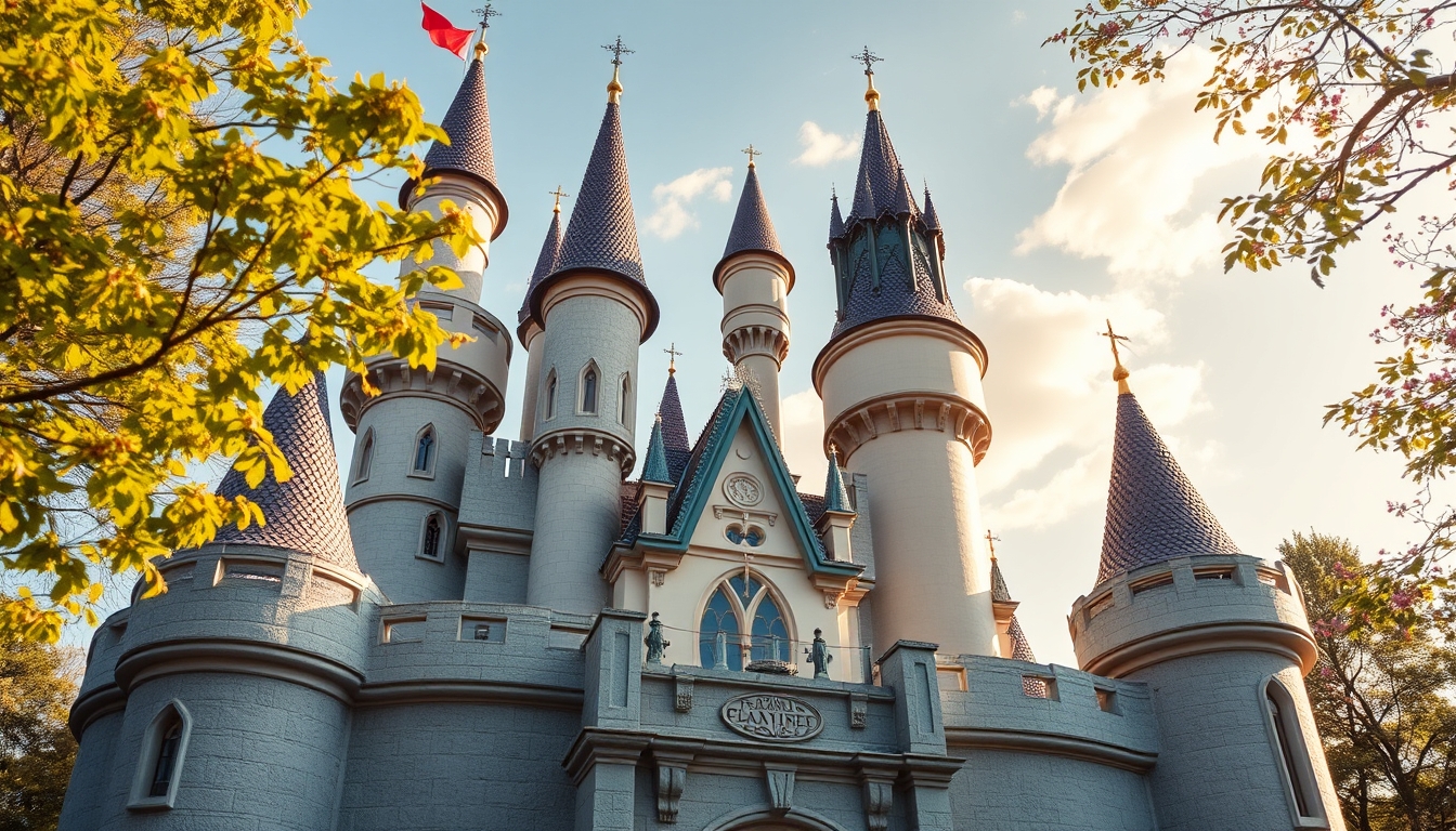 A whimsical fairy tale castle with glass turrets sparkling in the sunlight. - Image