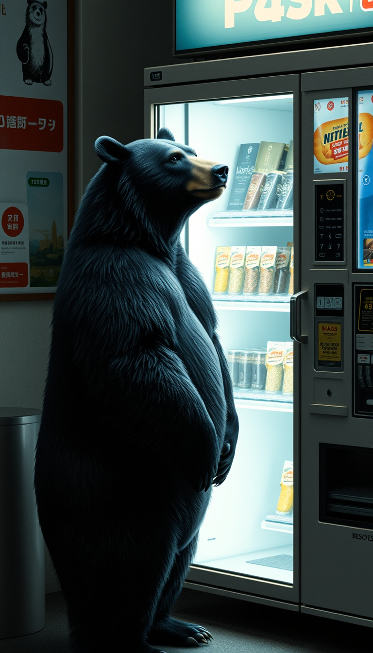 Realistic black bear standing by a vending machine