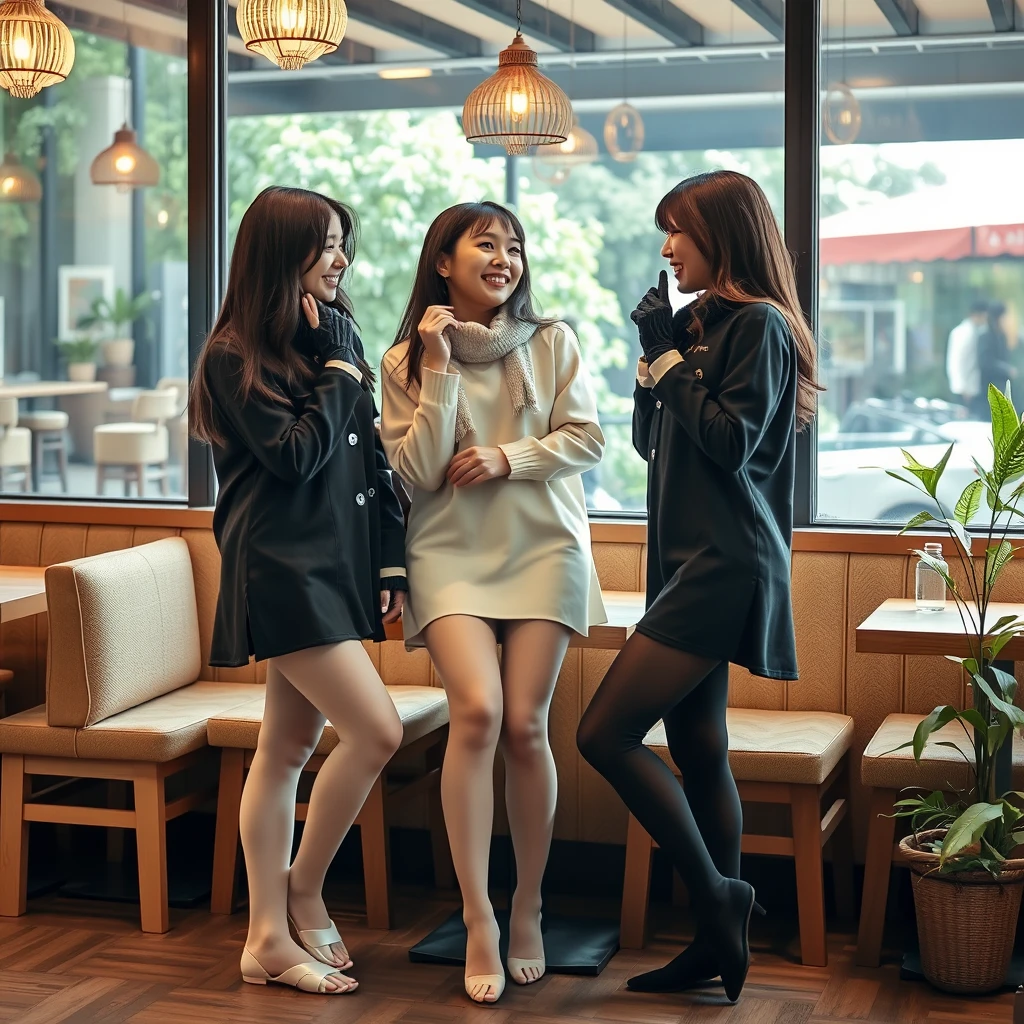 Three women wearing leggings and white and black stockings are facing each other, laughing and touching their feet, showing their tiptoes, and wearing thin gloves. They are touching their lips and are in a cozy café in the hot summer, captured in a real photo style with an Asian aesthetic. - Image