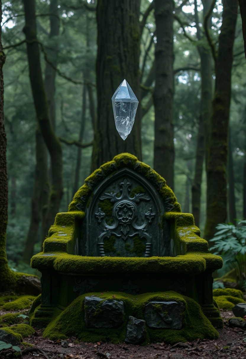 A shimmering crystal floating above an ancient, moss-covered stone altar in a dense, enchanted forest.