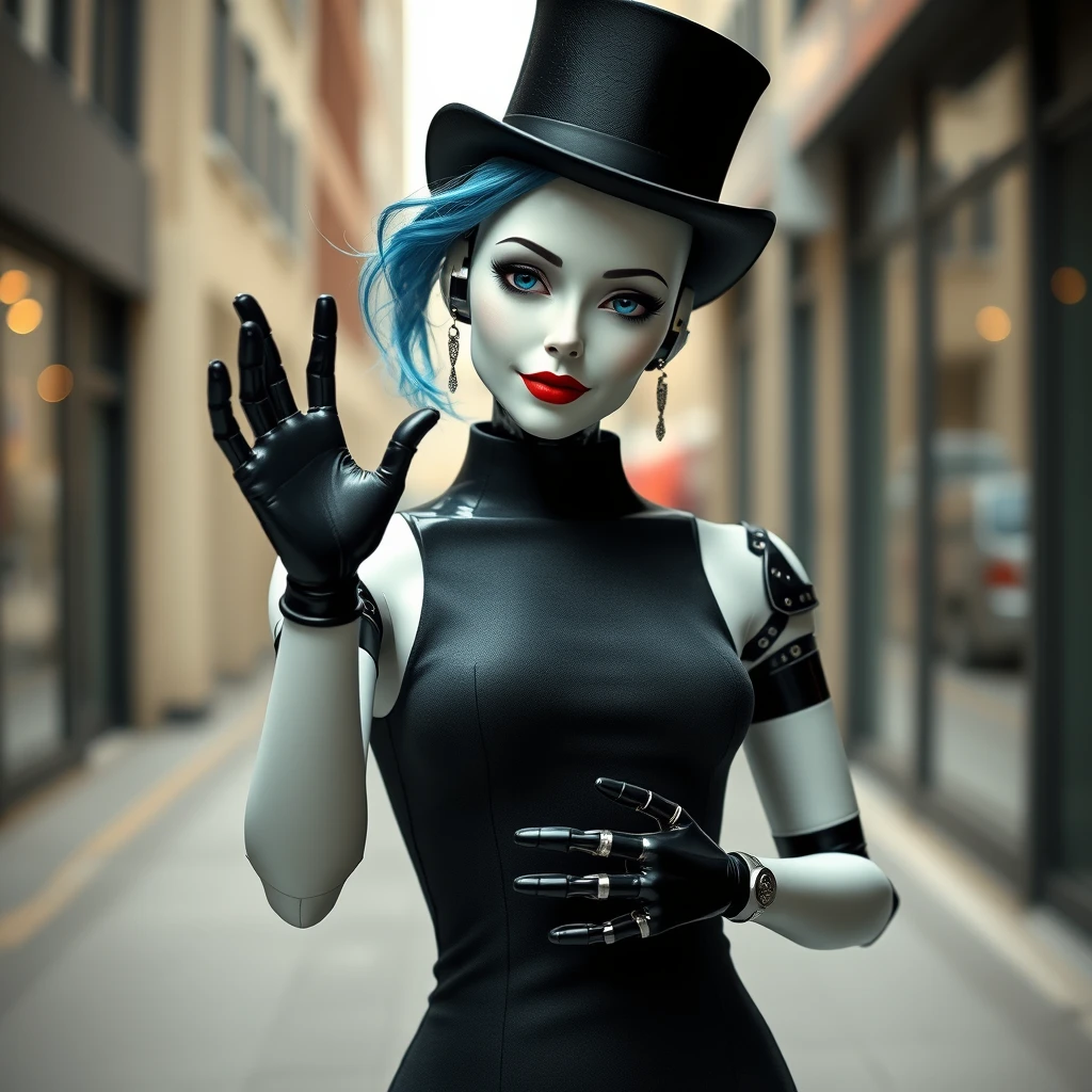 A humanoid attractive female robot that looks like a stage hypnotist, wearing a top hat and a black leotard and black gloves. She has pale white skin, lipstick, and blue hair. She is making a hypnotic pocket watch sway with her right hand. Her left arm is extended forward, slightly bent at the elbow, with her hand positioned at chest height. Set in a modern street, staring at the viewer.