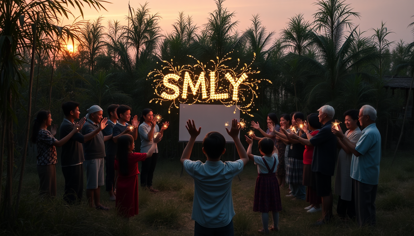 3. "Community Connection" A group of Vietnamese villagers from various walks of life - farmers, teachers, students, and elders - gather in a clearing surrounded by bamboo groves. They face a glowing screen, their hands extended in unison. Firefly-like lights dance from their palms, converging to form a shimmering "SMLYT" above their heads. The sunset casts a warm glow on the scene, highlighting the strong sense of community and shared purpose.