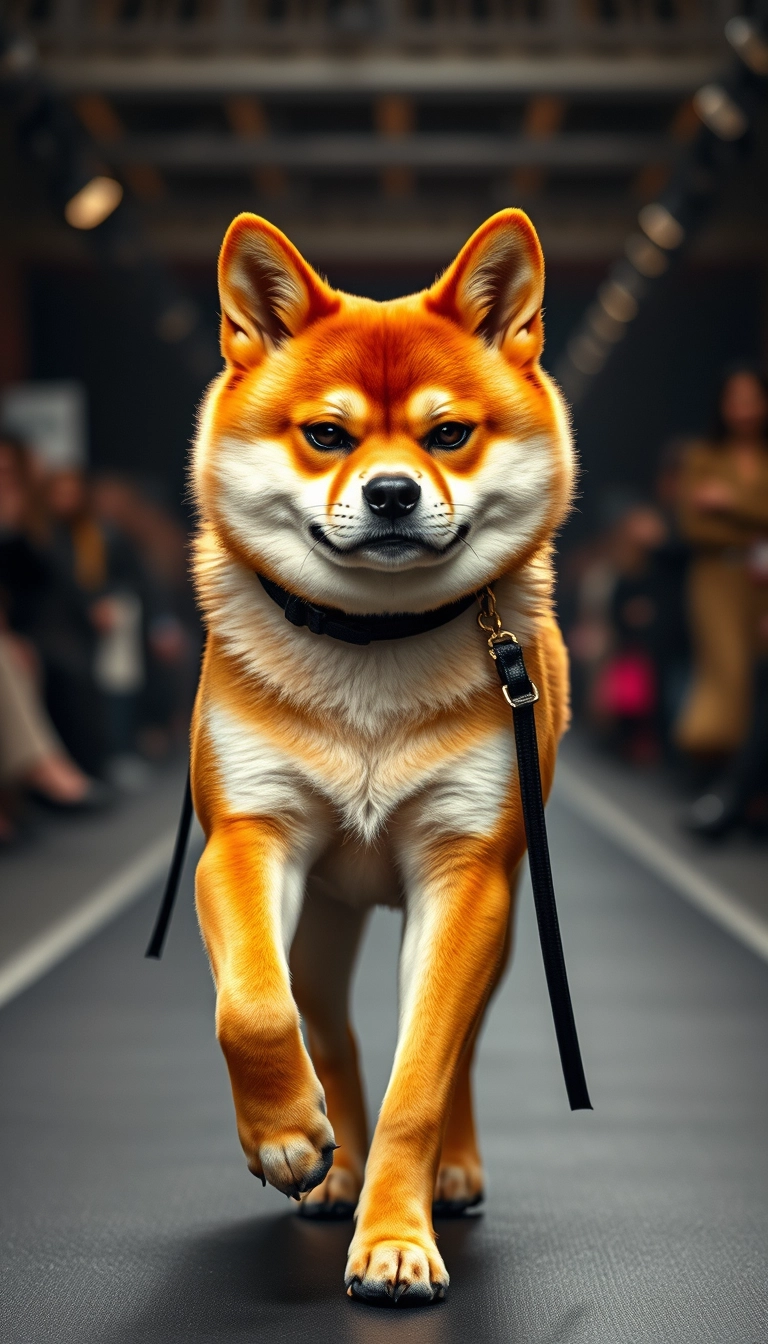 A Shiba Inu, with a stern expression, dressed stylishly, walks on the runway of Paris Fashion Week in a anthropomorphic manner, striding with the pace of a model, photographed in a full-body frontal shot, with a realistic art style, ultra-realistic details, and high-definition image quality.