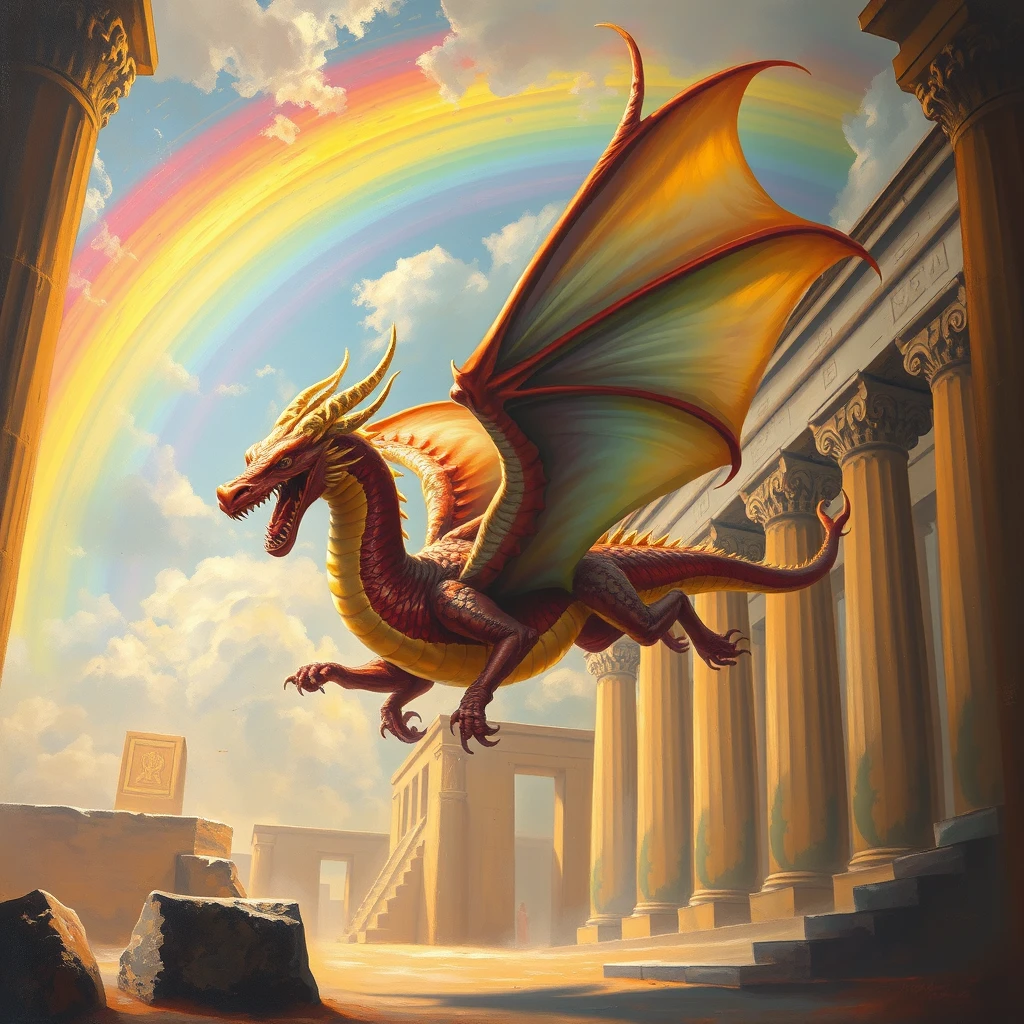 An oil painting of a rainbow medieval dragon flying inside an Egyptian temple. - Image