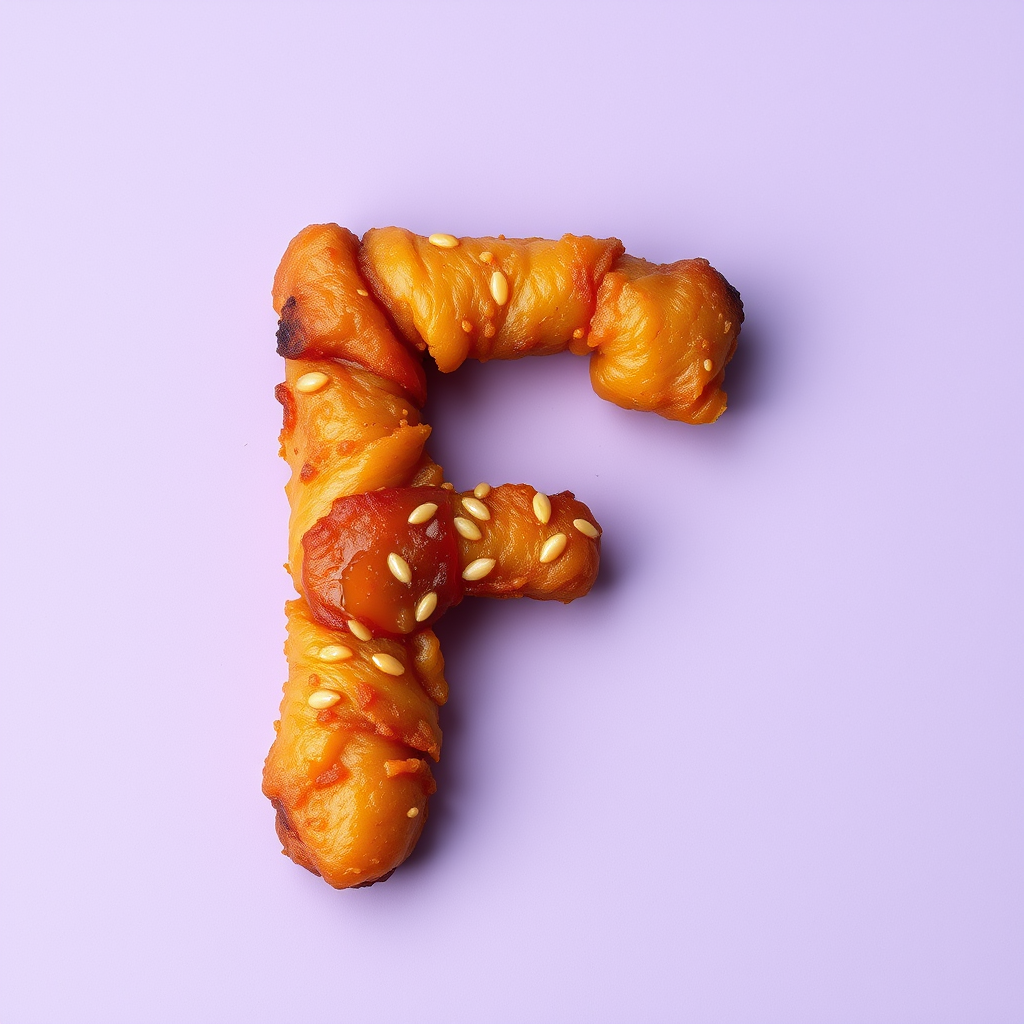 A letter "F" made of fried pork on a light purple background, realistic photograph.