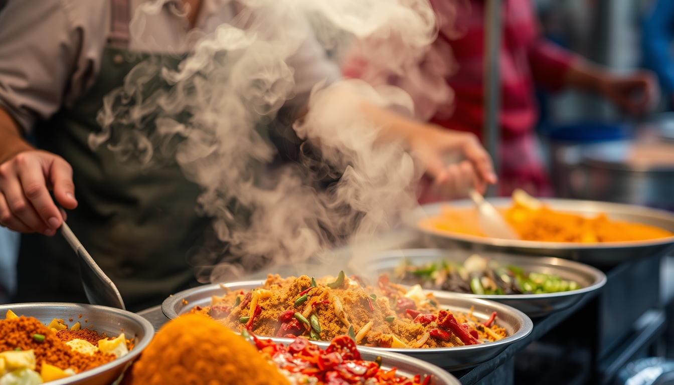 A close-up of a street vendor preparing a colorful and aromatic dish, with steam rising and vibrant spices on display. - Image