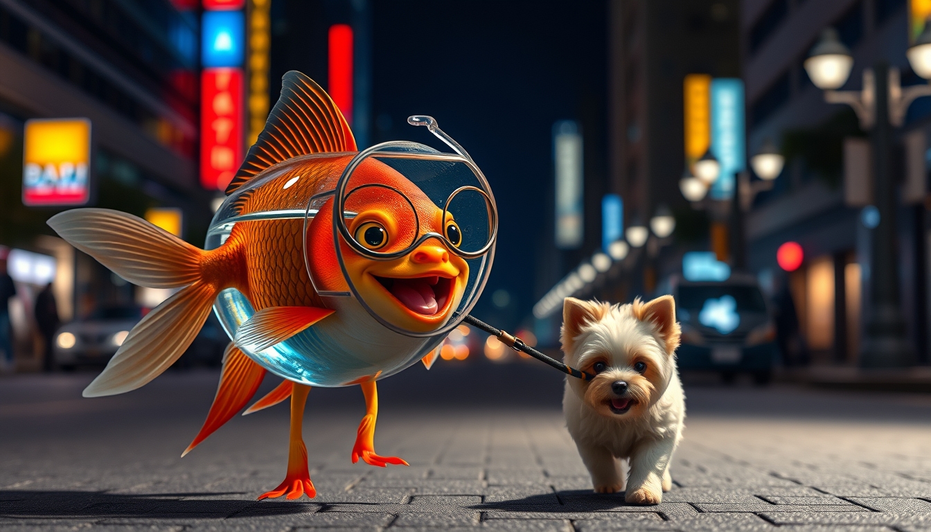 A cute, happy goldfish wearing a fish bowl as a breathing mask (half filled with water) is walking a cute dog on a leash in the streets at night, under colorful city lights, happily laughing, mouth open, with a cute face, walking on fins (no legs), while a fluffy dog leads in front with a silly walk, ultra realistic, realism.