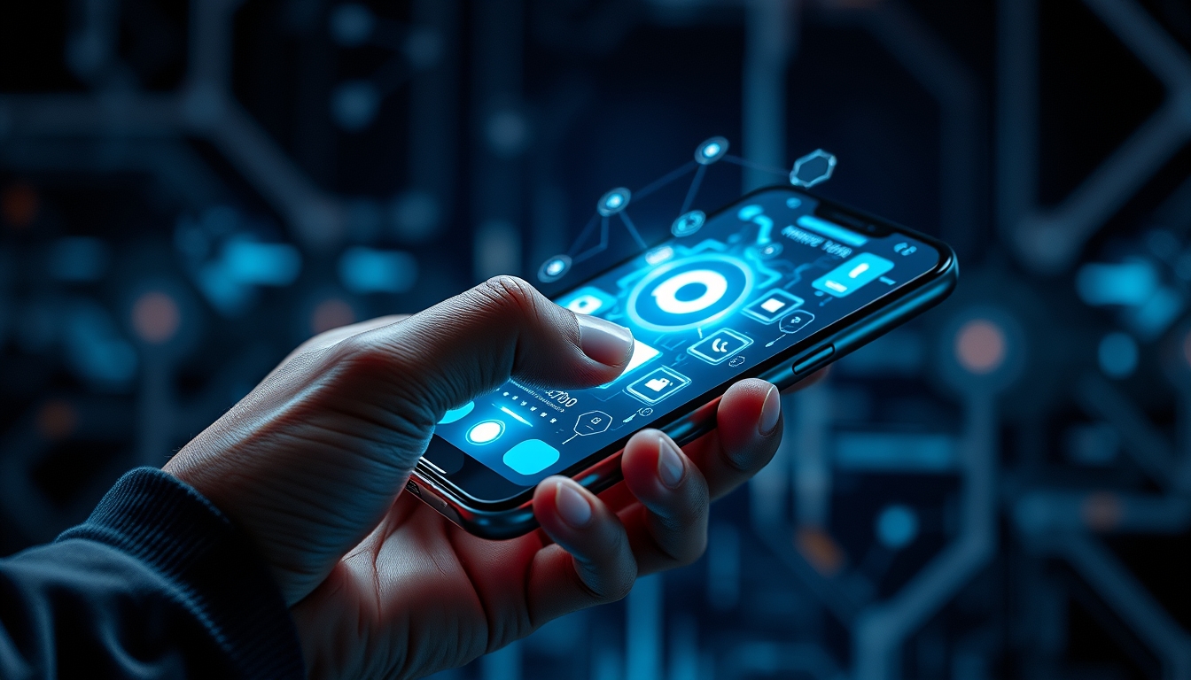 A close-up of a hand holding a futuristic smartphone, with holographic interfaces and glowing icons, set against a dark, tech-inspired background. - Image