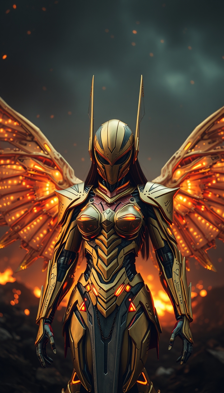 Cinematic shot of a cyborg female battle angel rising from ashes, golden regal Valkyrie armor, futuristic, full smooth helmet, standing on a battlefield, movie scene, film grain, realistic, shot from below, dark lighting. - Image