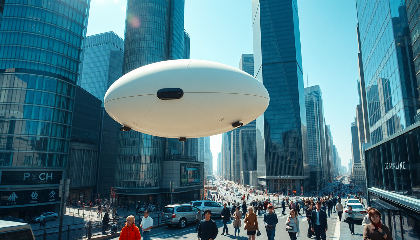 Create a high-resolution image of a breathtaking futuristic city. The skyline should be filled with towering skyscrapers. Include a light-colored elliptical balloon-type robot hurtling through the air with tiny black balancers on either side of the balloon. The balloon-shaped robot has a bird's eye view of the city. The streets should be bustling with people, particularly Asian faces, dressed in fashion-forward attire. Focus on the small balloon-type robots performing their rounds in the sky, with beautiful sunlight reflecting off the glass surfaces of the buildings, creating an atmosphere of excitement and innovation. Very sharp and realistic details, 32K.