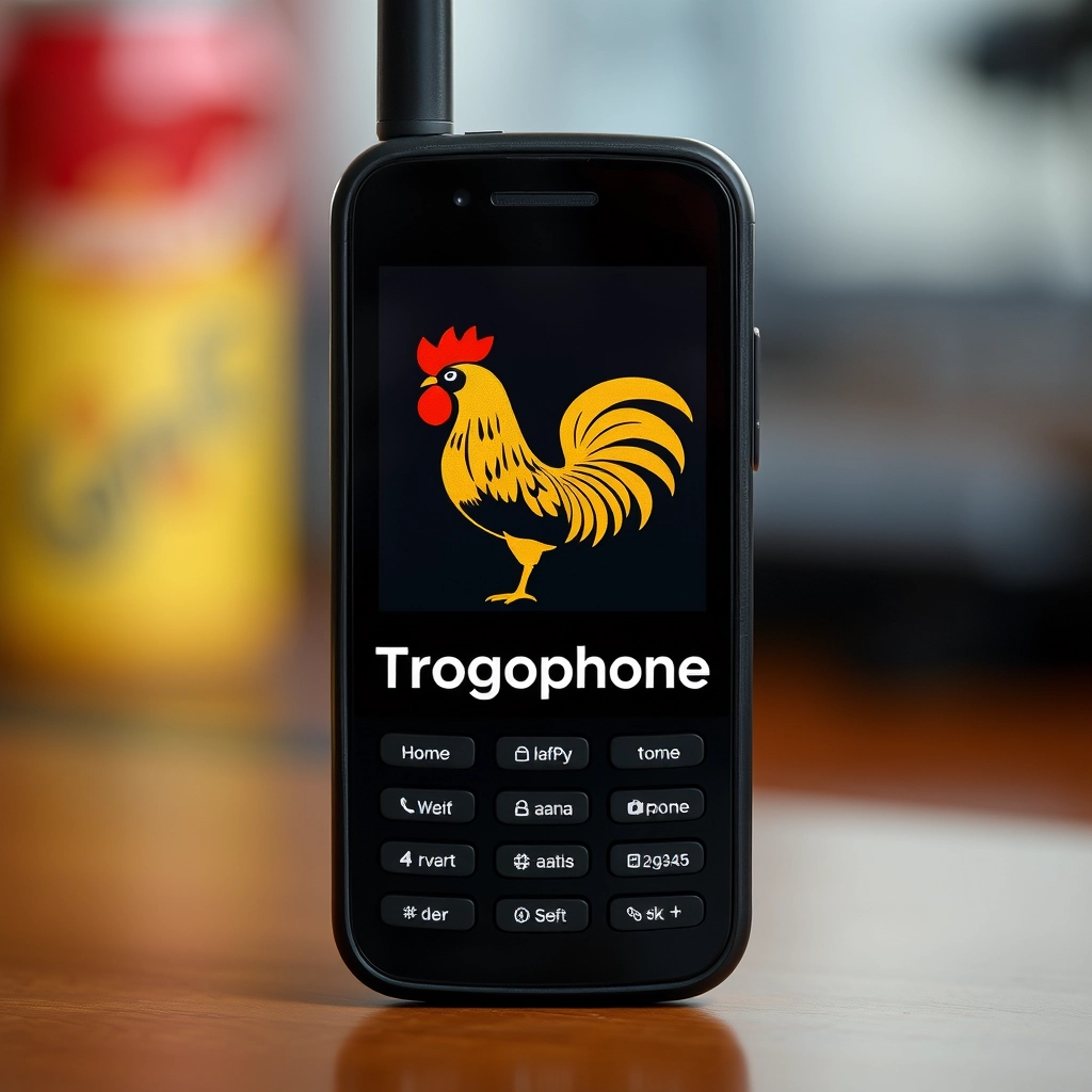 Cell phone with name "Trogophone" and rooster emblem.