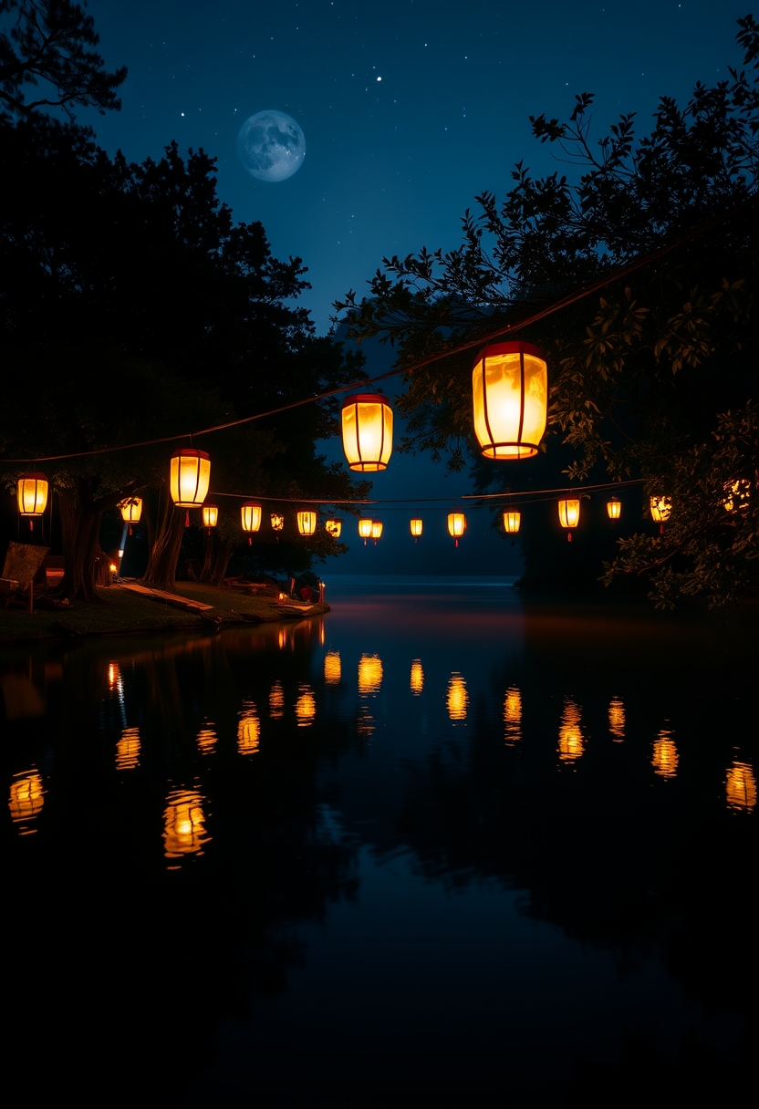 A magical night scene with glowing lanterns hanging over a still lake surrounded by trees.