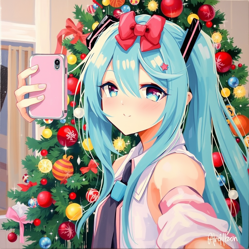 Abstract oil painting of Hatsune Miku selfie in front of Christmas tree, pastel colors splash.