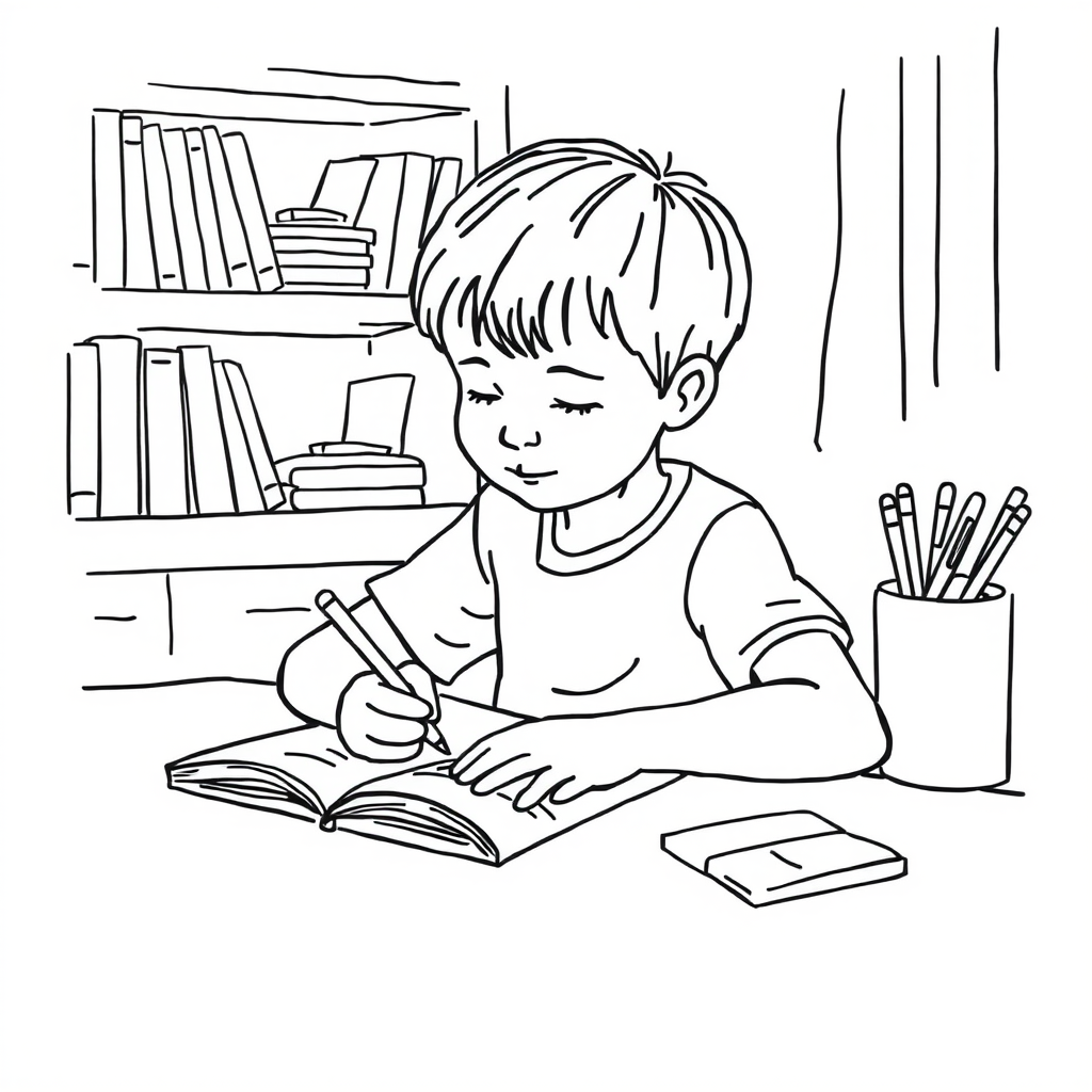 "A line drawing of a child doing summer homework in the study." - Image