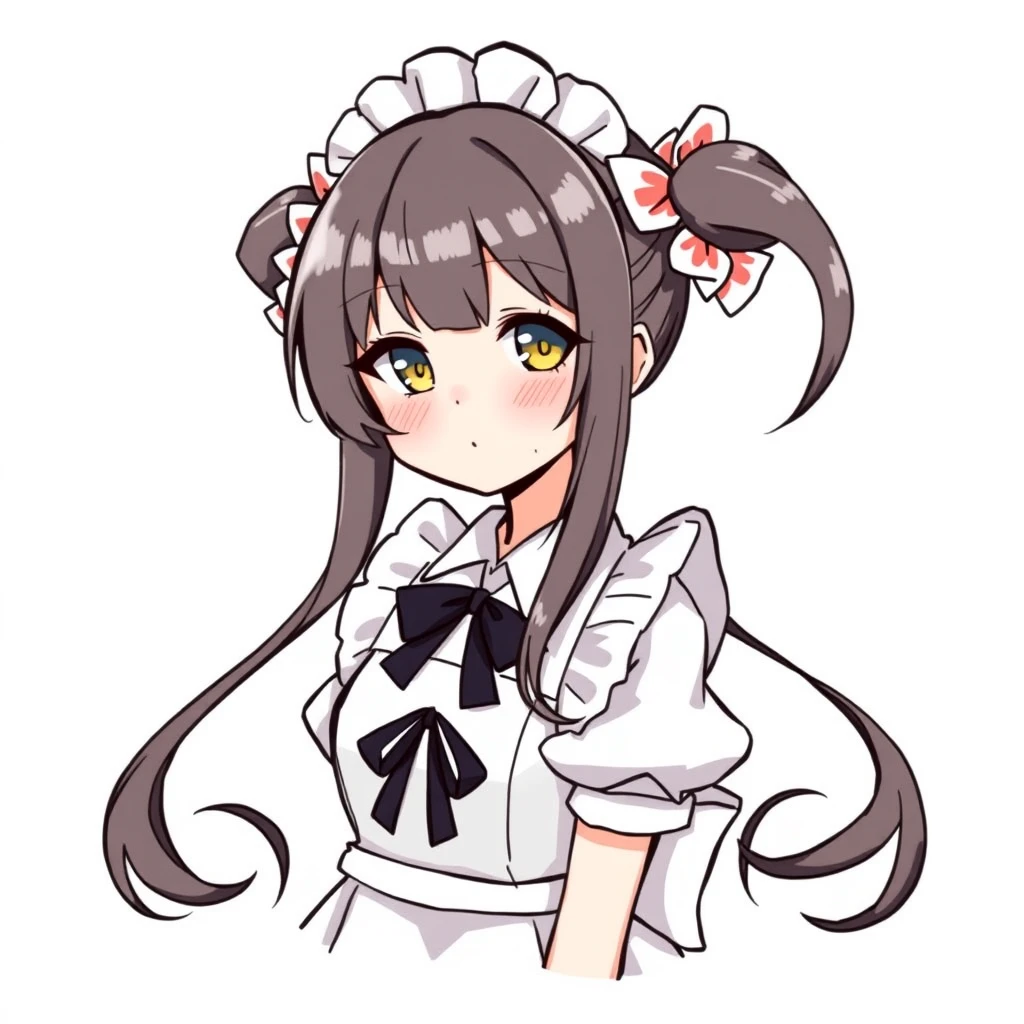 Character design illustration, twin-tailed girl, maid outfit, white background.