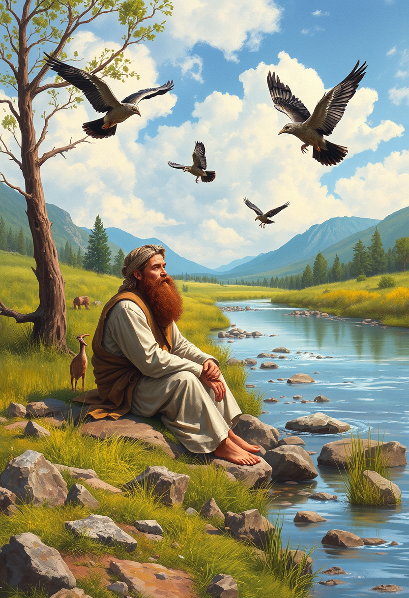 Depict Elijah sitting by a brook, with ravens bringing him food, set in a beautiful natural landscape.