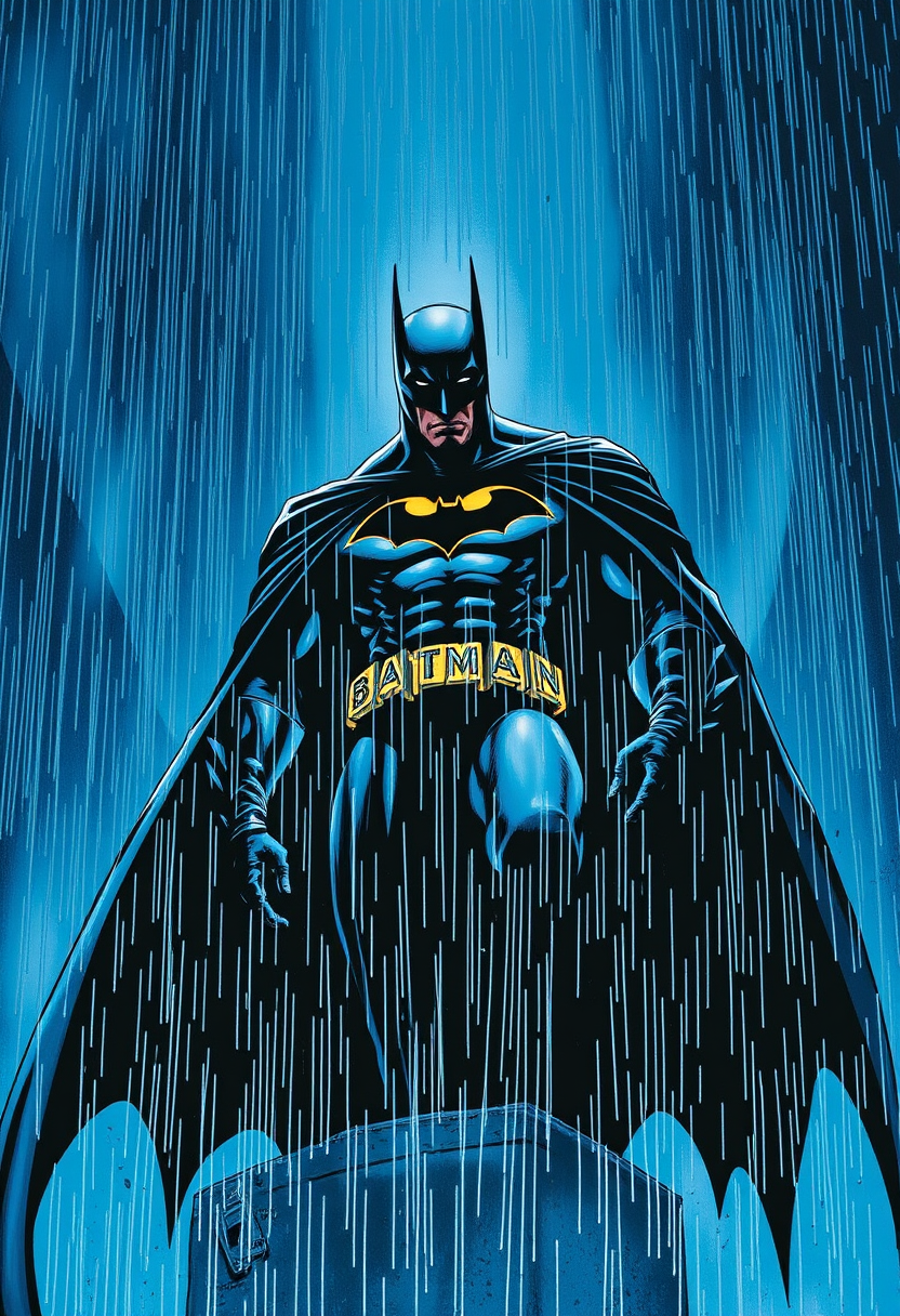 Masterpiece, Batman rainy blue night, print t-shirt design, silk-screen art by Frank Miller, center PNG art.