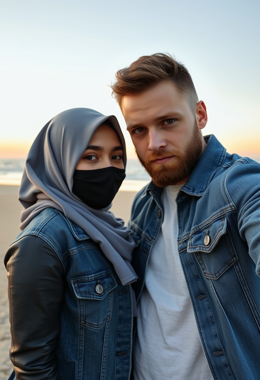 Jamie Dornan's head and body shot, handsome, black face mask, denim jacket, jeans, dating, love couple, with the biggest grey hijab Muslim girl, black face mask, beautiful eyes, black leather jacket, biggest skirt, taking photo at the beach, DSLR camera canon, sunrise, hyper-realistic, street photography, selfie. - Image