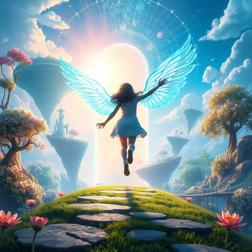 The girl walked out of the portal and arrived in a world full of fantasy colors. There are huge islands floating in the sky, connected by shimmering bridges. The trees around emit soft fluorescence, and the flowers bloom with brilliant light.

The girl leaped lightly into the air, with a pair of wings made of energy spread out behind her, sparkling with blue light. She soared freely in this magical world, exploring unknown territories. Picas style, 3D rendering, ultra-high definition picture quality, 38k, - niji 6. - Image