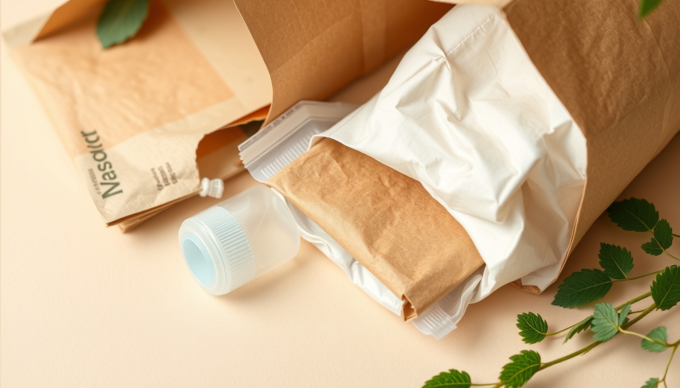 A detailed close-up of sustainable packaging materials, including cardboard, paper, and biodegradable plastics, arranged aesthetically on a neutral background.