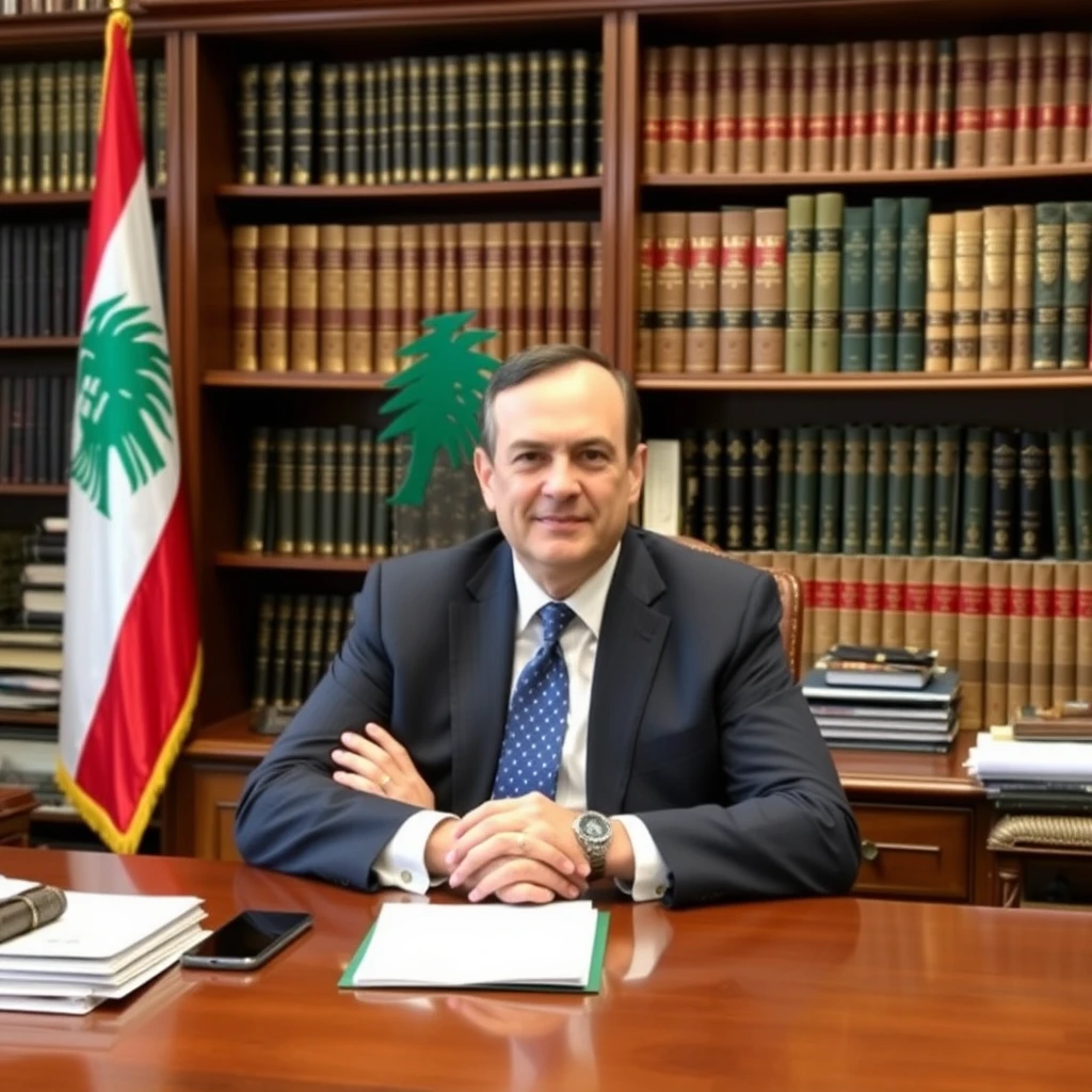 Lawyer sitting at his desk in a traditional law firm, behind him the Lebanon flag on a pole, and books covering the wall behind him on an old vintage bookshelf.