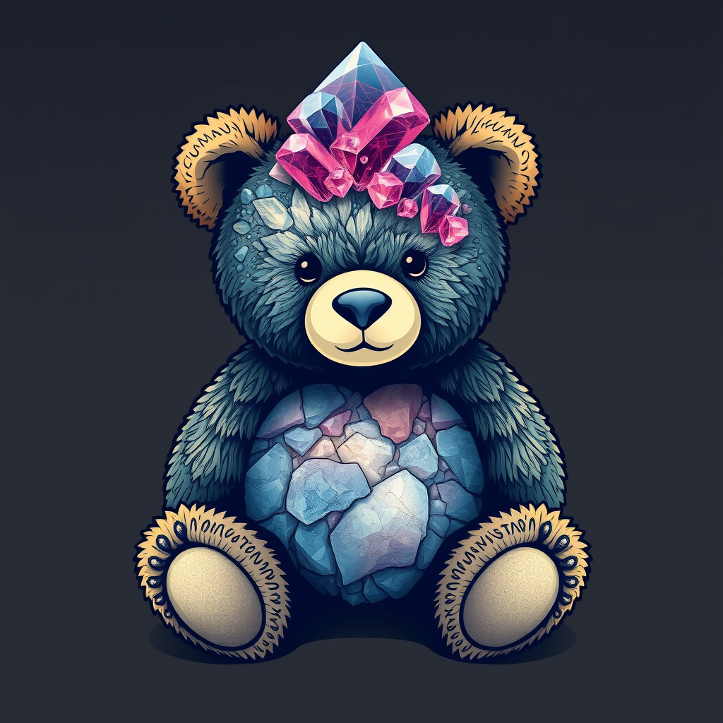 A tee shirt design of a teddy bear whose entire body and head are perfectly blended with a beautiful mineral.