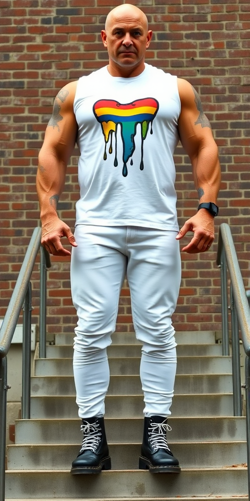 A towering, muscular 60-year-old skinhead bodybuilder stands confidently on concrete stairs, his gleaming bald head contrasting with his light skin. Clad in a striking white t-shirt with the gay flag dripping logo, tattooed arms flex beneath the sleeveless fabric. Tight bleached denim trousers highlight his powerful legs, complemented by knee-high Dr. Martens boots with white laces. The rugged brick wall and metal handrails create an industrial backdrop, enhancing the imposing presence of this behemoth.