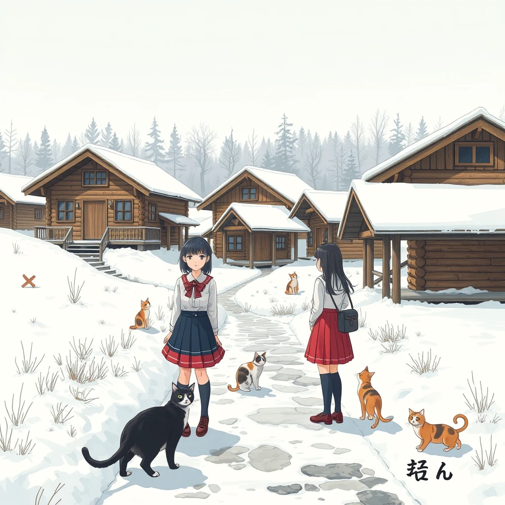 "In a place where it snows and freezes, there are wooden cabins, female students in skirts, cats, and Chinese characters or Japanese."