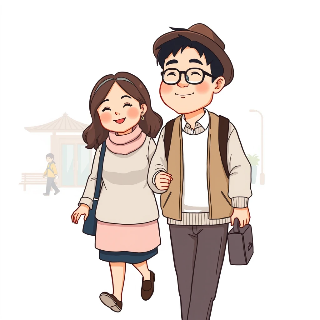 Please draw a picture of a Korean middle-aged couple walking around. - Image