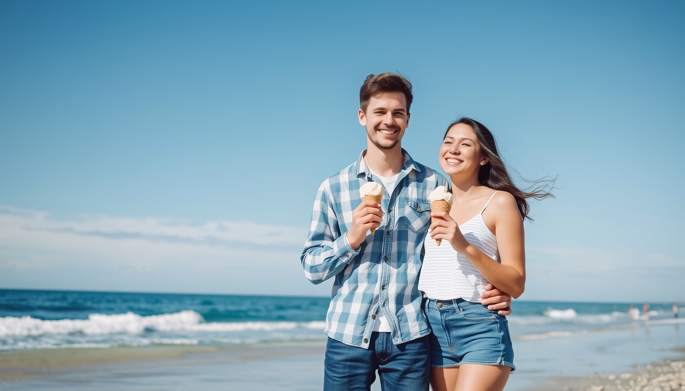 Beachside delight with a young couple and their ice cream. - Image