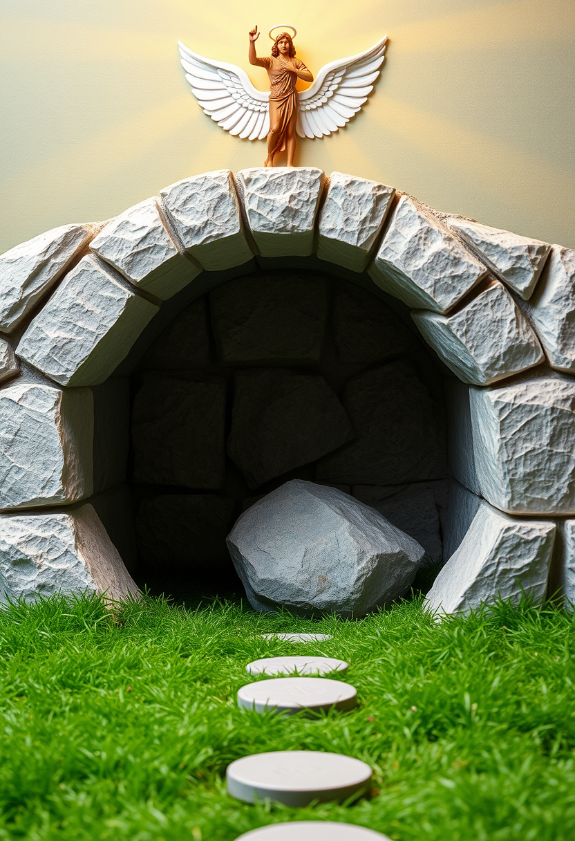 Create an image of the empty tomb with the stone rolled away, and an angel announcing the resurrection of Jesus.