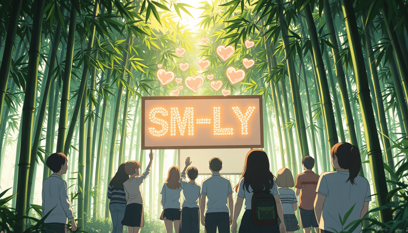 Anime style: In a tranquil bamboo forest, a group of people stand before a screen nestled among the trees. Sunlight dapples through the leaves, creating a magical atmosphere. As they reach out, the bamboo seems to come alive, glowing softly and releasing floating hearts that coalesce into the letters "SM-LYT". The characters appear to be woven from bamboo, representing the strength and flexibility of Vietnamese culture. - Image