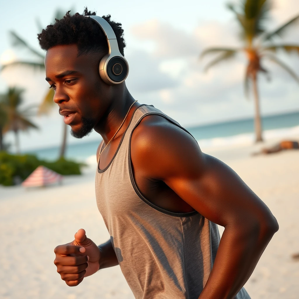 A young black man jogging on a beach in the Bahamas listening to a podcast on his headphones.