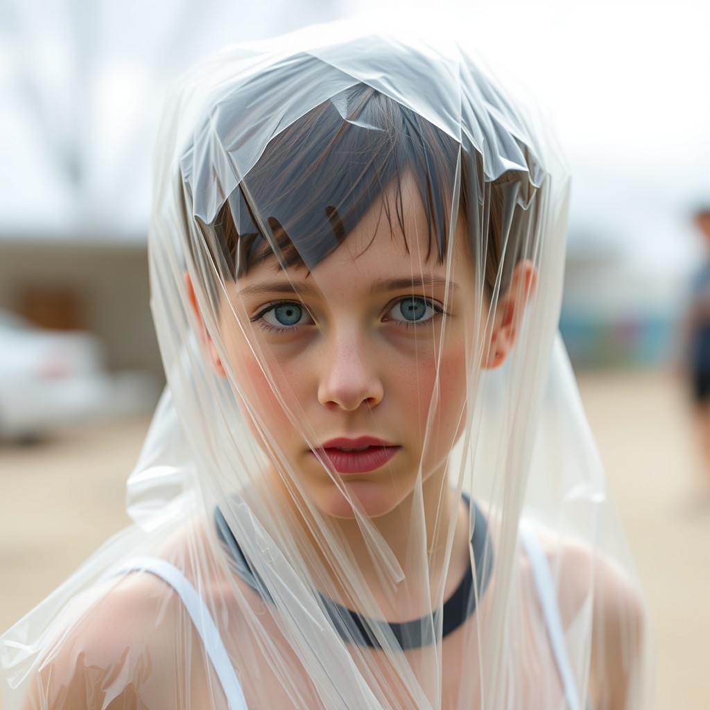 Millie Bobby Brown in clear plastic wrap